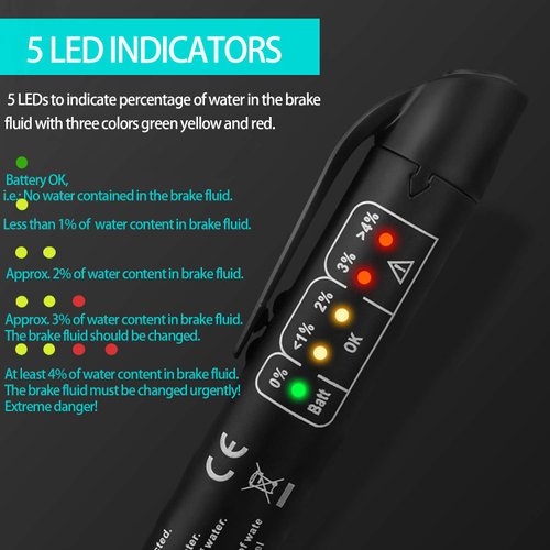 eOUTIL Brake Fluid Tester Pen, Hydraulic Fluid Liquid Oil Moisture Analyzer with 5 LED Indicators, Auto Brake Diagnostic Testing Tool for DOT3 DOT4 Brake Fluid