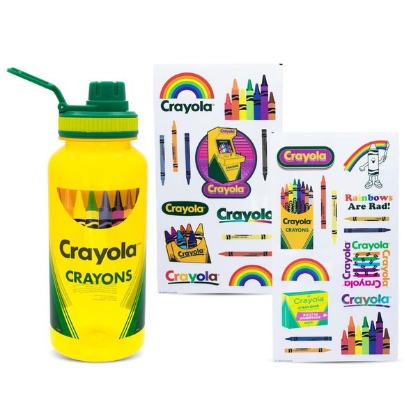 Silver Buffalo Crayola Crayon Box Retro-Style Twist Spout Plastic Water Bottle Jug and Sticker Set For Personalizing | Holds 32 Ounces