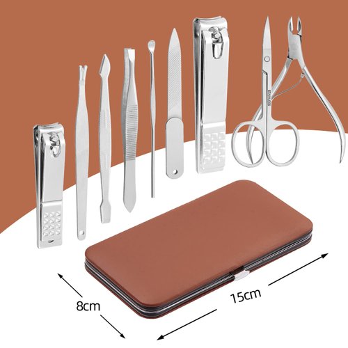 Manicure Set, FAMILIFE Manicure Kit - Nail Kit Mens Grooming Kit Pedicure Kit 9PCS Gifts for Men Boyfriend Nail Clipper Set Stainless Steel Professional Nail Set Care Manicure Tools Leather Case Brown