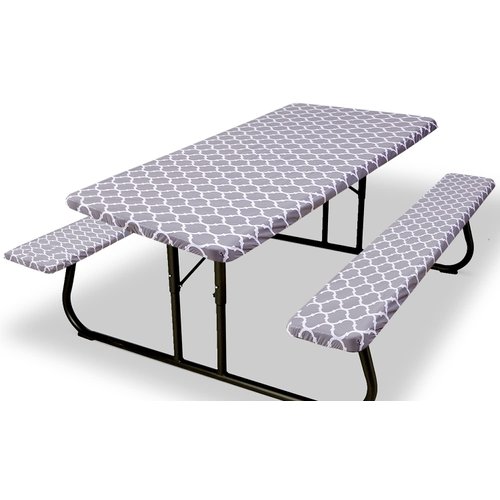 Zhuqing Picnic Table Cover with Bench Covers 6ft Rectangle, Vinyl Fitted Tablecloth with Elastic, Waterproof, with Flannel Backing, for Picnic Camping Outdoor, Grey Moroccan (30x72 in, 3-Piece Set)