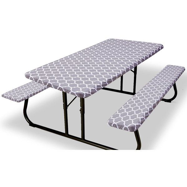 Zhuqing Picnic Table Cover with Bench Covers 6ft Rectangle, Vinyl Fitted Tablecloth with Elastic, Waterproof, with Flannel Backing, for Picnic Camping Outdoor, Grey Moroccan (30x72 in, 3-Piece Set)