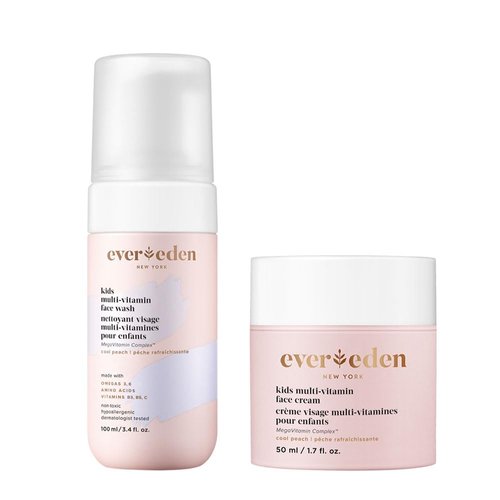 Evereden Kids Happy Face Duo (Cool Peach) - Multi-Vitamin Kids Face Wash & Kids Face Cream Set - Clean & Vegan Skin Care for Kids 3+ - Moisturizing, Nourishing, & Protective Kids Skin Care Set