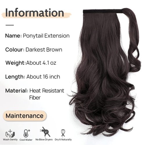 Ponytail Extension,StrRid Hair Extensions Ponytail for Black Women Wrap Around 16"Wavy Curly Synthetic Fake Hair Clip in Ponytail Wig Daily Fluffy Blonde Pony Tail Hair Pieces 5 oz-Darkest Brown