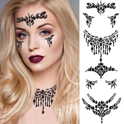 Face Gems Jewels Temporary Tattoo Stickers Halloween Festival Party Women Eyes Forehead Neck Body Black Gothic Rhinestones Makeup Accessories 2 Sheets