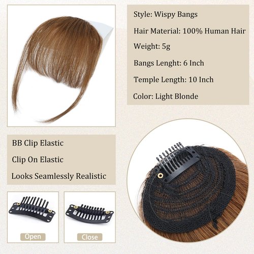Clip in Bangs 100% Human Hair Fake Bangs Clip in Hair Extensions Light Brown Air Bangs Fringe With Temples Hairpieces for Women Curved Bangs for Daily Wear