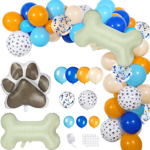 103 Pieces Blue Theme Party Balloons Garland Kit Blue Orange Blush Dog Paw Balloon Arch with Bone Shaped Foil Balloons for Birthday Baby Shower Party Decorations (Cute Color)