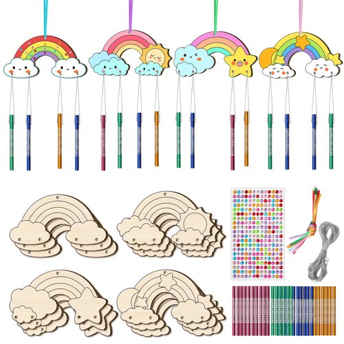 TREACLUB 12 Pack DIY Wind Chime Kits for Kids, Make Your Own Rainow Wind Chime DIY Coloring Star Moon Sun Make A Wind Chime Kits Wooden Arts and Crafts Birthday Gifts for Girls Boys