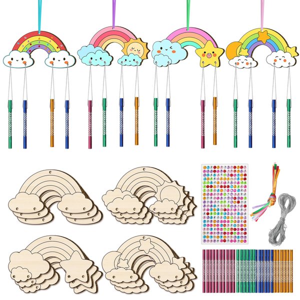 TREACLUB 12 Pack DIY Wind Chime Kits for Kids, Make Your Own Rainow Wind Chime DIY Coloring Star Moon Sun Make A Wind Chime Kits Wooden Arts and Crafts Birthday Gifts for Girls Boys