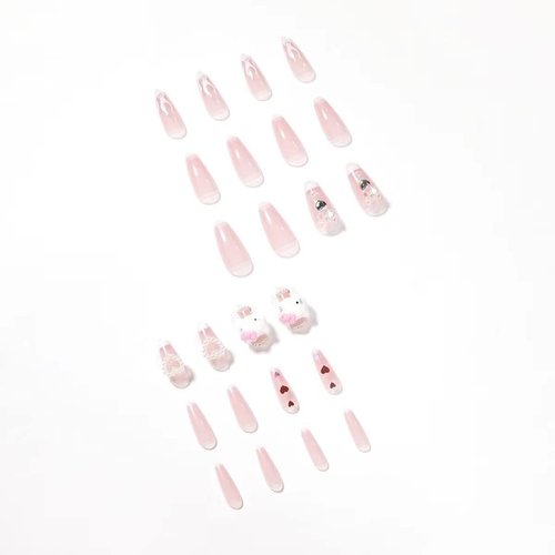 Nail Apparel Y2K Long Coffin Cute Kawaii Press on Nails 3D Cartoon Glitter Rhinestone Heart Pearl Bow Flame Long Ballet Trapezoid Fake Nails 24Pcs (White Flame Kitty)