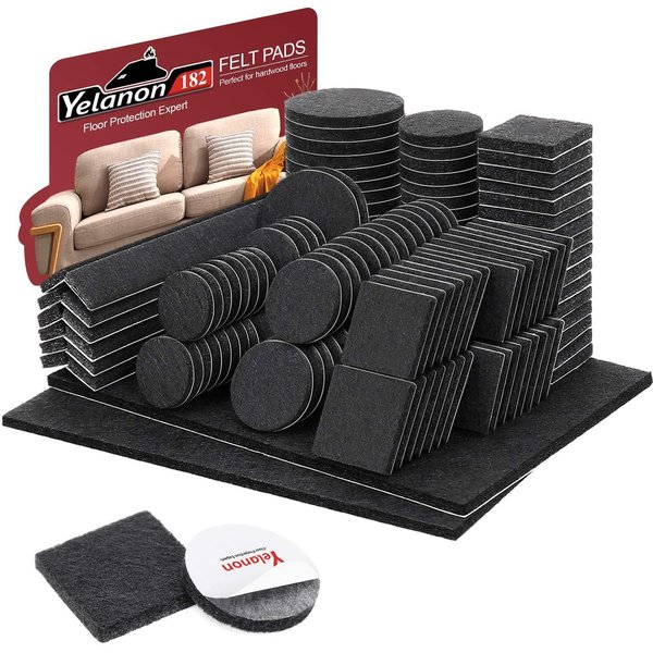 Yelanon Felt Furniture Pads -182 Pcs Furniture Pads Self Adhesive, Cuttable Felt Chair Pads, Anti Scratch Floor Protectors for Furniture Feet Chair Legs, Felt Pads for Hardwoods Floors, Black