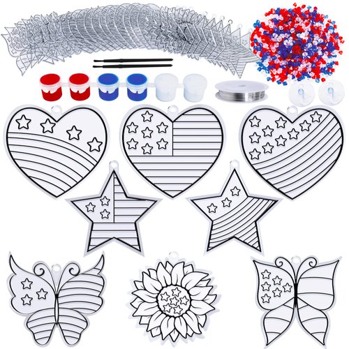 24 Sets Patriotic Suncatcher Ornaments Decoration DIY Window Paint Art Stickers Craft Kit American Heart Star Butterfly Suncatchers for Kids Classroom Patriotic 4th of July Activity Party Art Project
