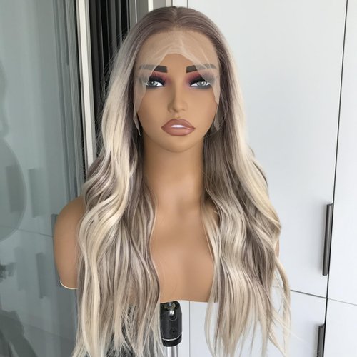 mytonecoo 13x4 Highlight Lace Front Wigs Synthetic Hair Pre Plucked Glueless Wigs Blonde Mix Brown Colored Body Wave Synthetic Lace Front Wig 22Inch for Women Daily Use