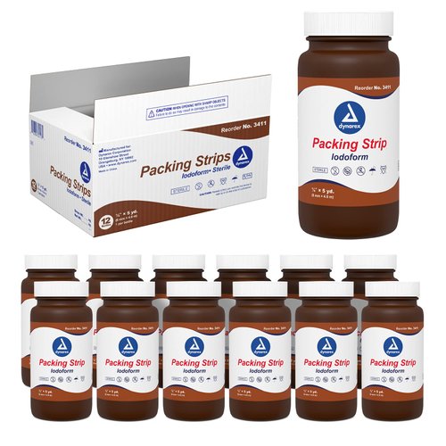 Dynarex Iodoform Packing Strip, Sterile Wound Care, 100% Cotton Woven Medical Packing Strip, Soft & Absorbent, 1/4” x 5 yd., 1 Case of 12 Packing Strip in Jars