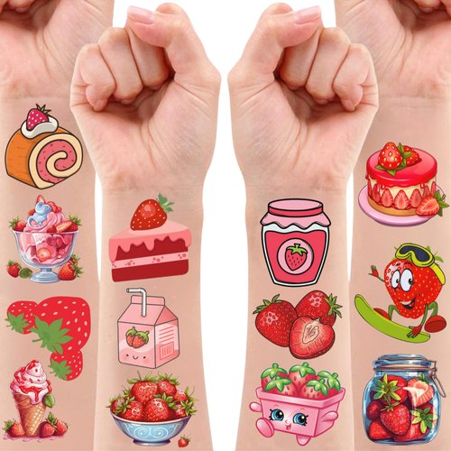 Strawberry Temporary Tattoos - Strawberry Birthday Decorations Fruit Party Favors Supplies Teens Kids Boy Girls Gift Idea Outdoor Activity Décor