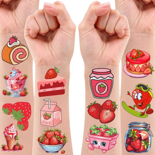 Strawberry Temporary Tattoos - Strawberry Birthday Decorations Fruit Party Favors Supplies Teens Kids Boy Girls Gift Idea Outdoor Activity Décor