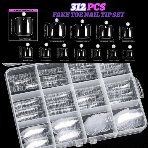 Teenitor 312pcs Clear Toe Nails Press on with Glitter Kit, Acrylic Toe Nail Tips Kit with Nail Glue, Press on Toenails for Women Fake Toe Nails Glue on