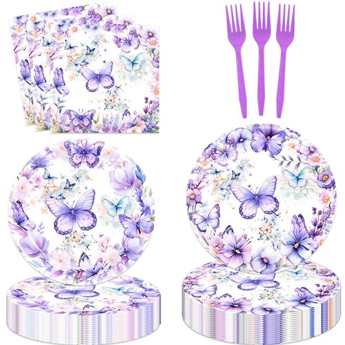 80 Pcs Butterfly Birthday Party Supplies Spring Butterfly Disposable Paper Plates Napkins Forks Dinnerware for Butterfly Theme Girls Baby Shower 1st 2nd 3rd 4th Bday Party Decorations