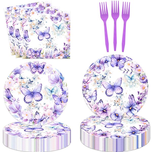 80 Pcs Butterfly Birthday Party Supplies Spring Butterfly Disposable Paper Plates Napkins Forks Dinnerware for Butterfly Theme Girls Baby Shower 1st 2nd 3rd 4th Bday Party Decorations
