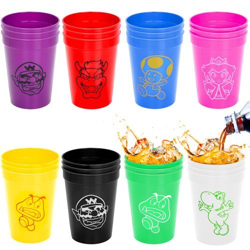 24Pcs Super Bros Party Cups - 12 OZ Reusable Plastic Cups Party Supply Drinking Cups for Game Lovers Party Decorations