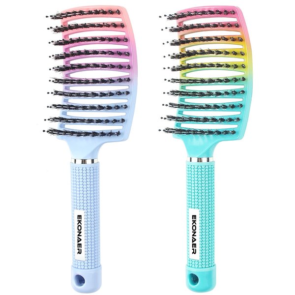 2 Pack Detangling Brush Getting Knots Out without Pain Adds Shine and Makes Hair Smooth,Detangler Boar Bristle Hair Brush for Adult & Kids Wet or Dry Hair(Green&Blue)