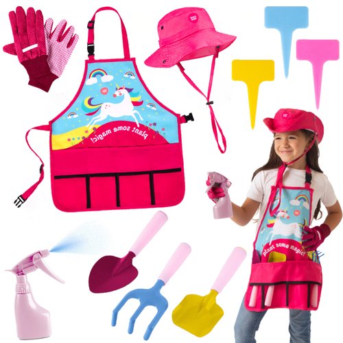 Born Toys Unicorn Kids Gardening Set for Kids Ages 3 & Up, Toddler Gardening Set Includes Unicorn Garden Apron, Kids Sun Hat, Toddler Gardening Gloves, Kids Shovel - 11pcs Girls Gardening Kit (Pink)