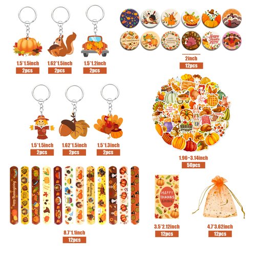 BANBALLON 110 PCS Thanksgiving Party Favors Autumn Party Supplies with Key Chains Button Pins Stickers Rubber Bracelets for Fall Party Favors Decorations Classroom Prizes