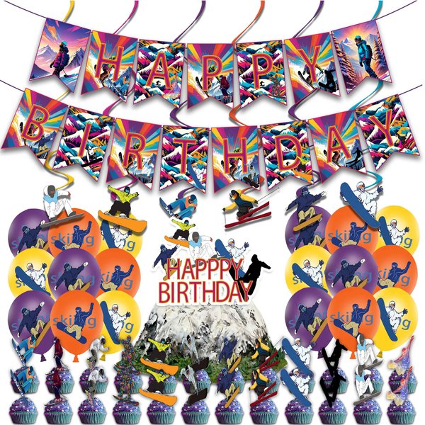Skiing Birthday Party Supplies Skiing Party Decorations Include HAPPY BIRTHDAY Banner Balloons Cake Topper Cupcake Toppers Winter Sports Birthday Party Decorations