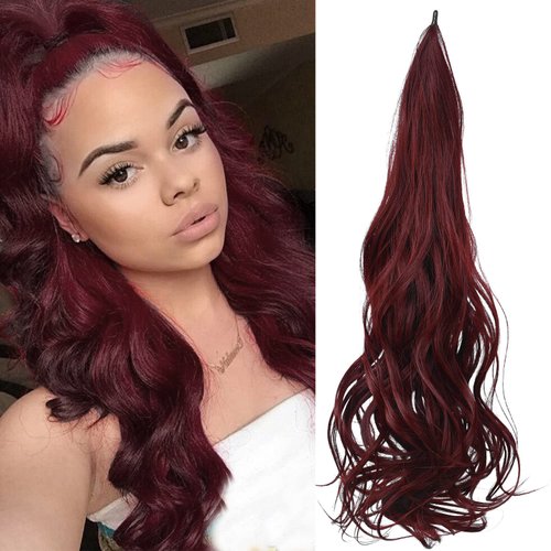 Sintario 30 Inch Flexible Wrap Around Ponytail Extension Long Burgundy Wine Red Ponytail Hair Extensions Curly Wave Synthetic Ponytails Hairpiece for Women Daily Use (99J/118A#)