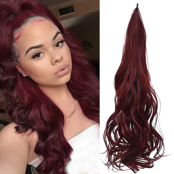 Sintario 30 Inch Flexible Wrap Around Ponytail Extension Long Burgundy Wine Red Ponytail Hair Extensions Curly Wave Synthetic Ponytails Hairpiece for Women Daily Use (99J/118A#)