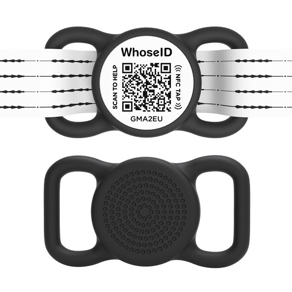 WhoseID QR Code Dog Tag with NFC, Personalized Pet ID Tag, Silent Dog ID Tag, Modifiable Pet Online Profile, Multiple Emergency Contact, Scan QR Code Send Pet GPS Location Email (Regular, Black&White)