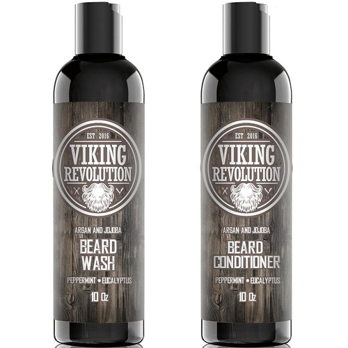 Viking Revolution Beard Wash & Beard Conditioner Set w/Argan & Jojoba Oils – Softens, Smooths & Strengthens Beard Growth - Natural Peppermint and Eucalyptus Scent - Beard Shampoo w/Beard Oil (10 oz)