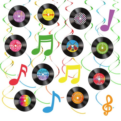 36pcs 1950's Rock and Roll Party Decorations,50s Sock Hop Hanging Decorations Vinyl Record Music Themed Party Swirls Streamers Ceiling Supplies for 50's Theme Rock Music Birthday Party Supplies