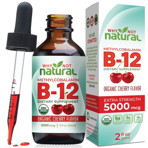 Why Not Natural Organic Vitamin B12 Liquid - Sublingual Extra Strength 60 x 5000 mcg Methylcobalamin Drops, Vegan, Maximize Absorption and Energy (Cherry)