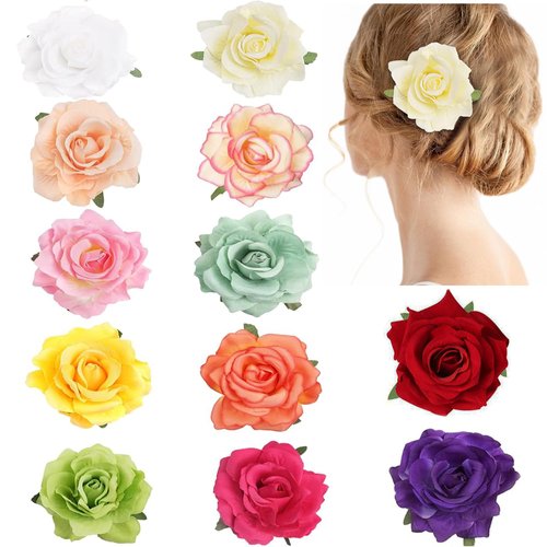 12PCS Elegant 4inch Rose Flower Hair Clips Hairpins Floral Brooches Pin Boho Hair Clip Rose Hair ...