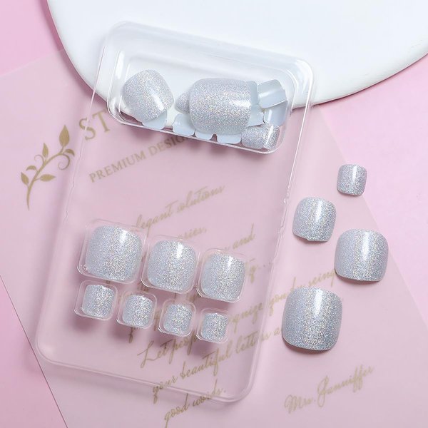 White Press on Toenails Glitter Press on Nails Short Square Sparkly Shimmer Jelly Fake Toenails with Holographic Designs Reusable Full Cover Glitter Toe Fake Nails Velvet Acrylic Toenails for Women