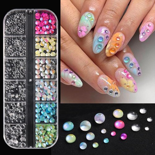 Aurora Mermaid 3D Bubble Beads Nail Charms, Mixed Sizes Colorful Iridescent Crystal Gems Clear Transparent Dewdrop Water Droplets Glass Flatback Rhinestones for Nails DIY Accessories Nail Supplies