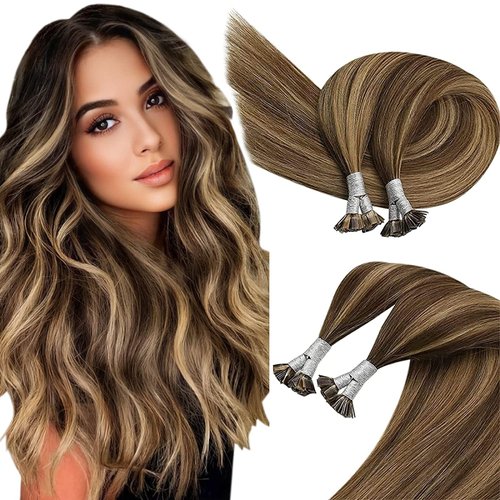 Sunny Flat Tips Hair Extensions Human Hair, Highlight Flat Tip Real Human Hair Keratin Hair Extensions Brown Flat Tips Remy Hair Extensions Brown Flat Tips Fusion Hair Extensions Straight 50G 50s 18in