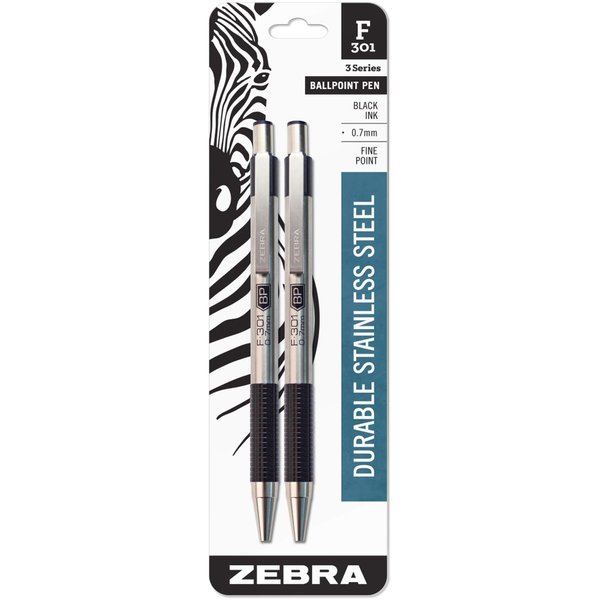 Zebra Pen F-301 Retractable Ballpoint Pen, Stainless Steel Barrel, Fine Point, 0.7mm, Black Ink, 2-Pack