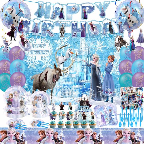 Frozen Birthday Party Supplies, Frozen Party Favor Decorations Include Banner, Foil Balloons, Tablecloth, Plates, Napkins, Stickers, Backdrop for Girls, Sever 10