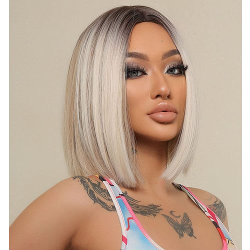 BERON 12 Inches Blonde Wig Short Straight Wig Ombre Blonde Bob Wig Middle Part Wig Blonde Bob Wigs Wig Cap Included