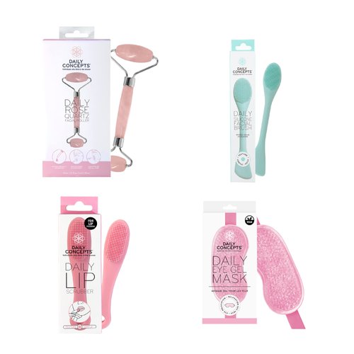 Daily Concepts Beauty Set: Lip Scrubber, Rose Quartz Roller, Eye Gel Mask, Silicone Facial Brush - Elevate Your Daily Routine for Glowing Skin