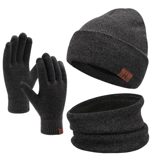 Winter Beanie Hat Scarf Touchscreen Gloves Set for Men and Women, Beanie Gloves Neck Warmer Set with Warm Knit Fleece Lined Dark Gray