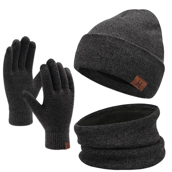 Winter Beanie Hat Scarf Touchscreen Gloves Set for Men and Women, Beanie Gloves Neck Warmer Set with Warm Knit Fleece Lined Dark Gray