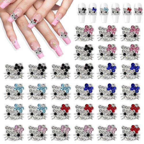 30Pcs Kawaii Nail Charms, Wsimily 3D Cute Nail Art Charms Metal Sliver Cartoon Rhinestone Crystals Multicolor Nail Accessories for Women Girls Nail Decorations DIY Craft Jewelry (6 Colors)