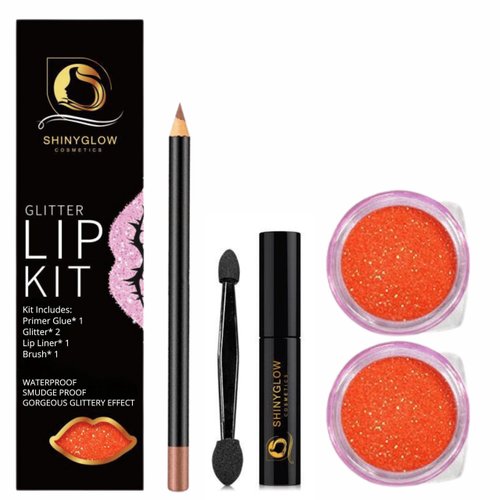 ShinyGlow Cosmetics Glitter Lip Kit- Long lasting, Water-proof, Transfer & Smudge-proof, Get Dazzling orange Lips- kit includes: 2x Glitter 1x Primar glue 1x lip liner 1x brush