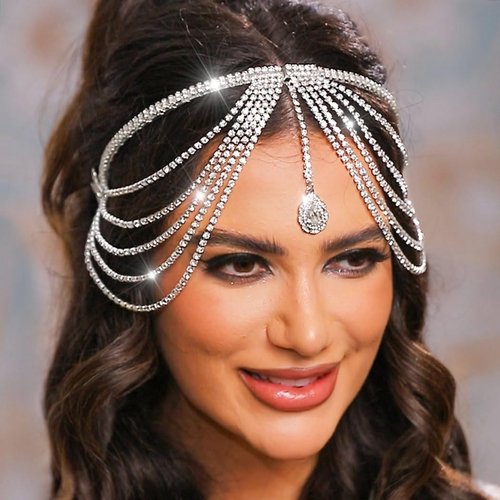 Aukmla Sparkly Rhinestones Headband Silver Crystal Head Chain Jewelry Prom Bridal Headpiece Hair Accessories for Women and Brides (Silver)