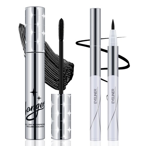 Apooliy Black Mascara and Liquid Eyeliner Duo,Waterproof, Smudge-Proof, All-Day Wear Eye Makeup Set for Bold, Dramatic Eyes（2Pcs）