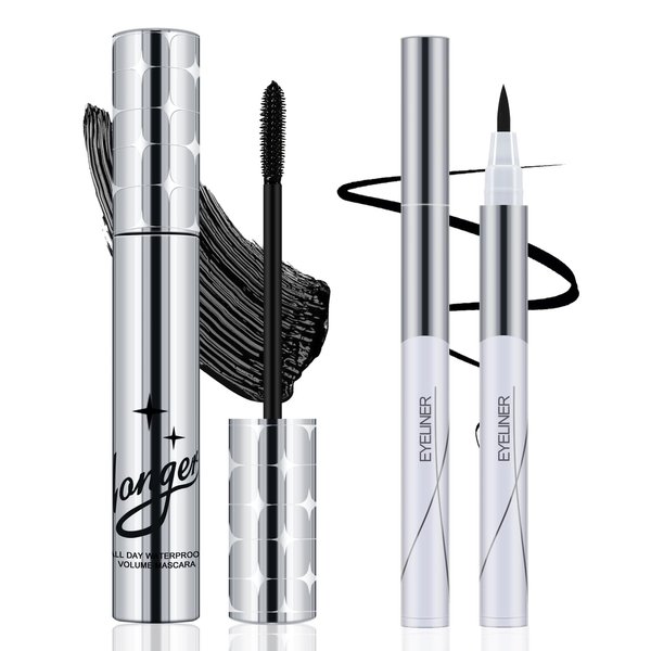 Apooliy Black Mascara and Liquid Eyeliner Duo,Waterproof, Smudge-Proof, All-Day Wear Eye Makeup Set for Bold, Dramatic Eyes（2Pcs）