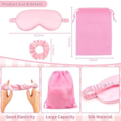 ANBALA 18 Pcs Sleepover Party Supplies, 6 Pink Satin Sleep Eye Masks, 6 Pink Velvet Scrunchies
