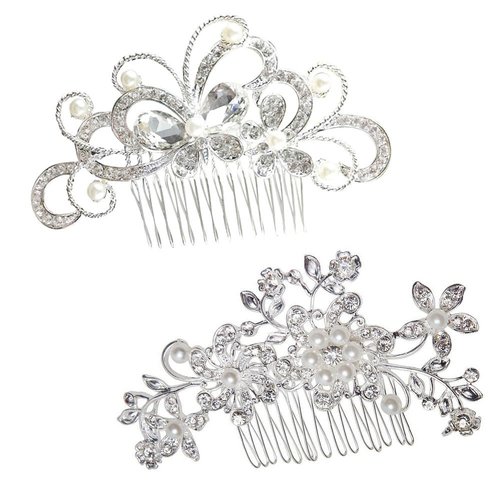 yueton Pack of 2 Bridal Wedding Silver Crystal Rhinestones Pearls Women Hair Comb
